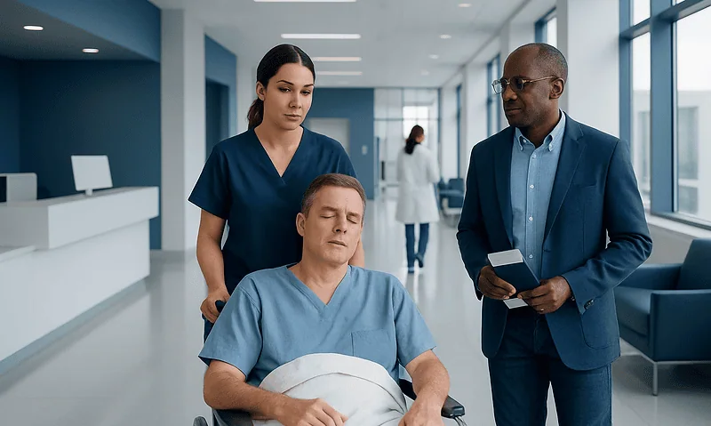 Patient in hospital bed with medical staff and visitor in hospital corridor.