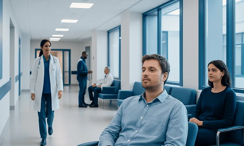 Patients waiting in a modern hospital corridor with medical staff nearby.