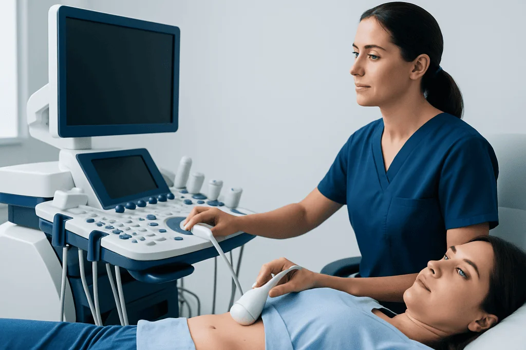 Medical professional performing an ultrasound on a patient in a clinical setting.