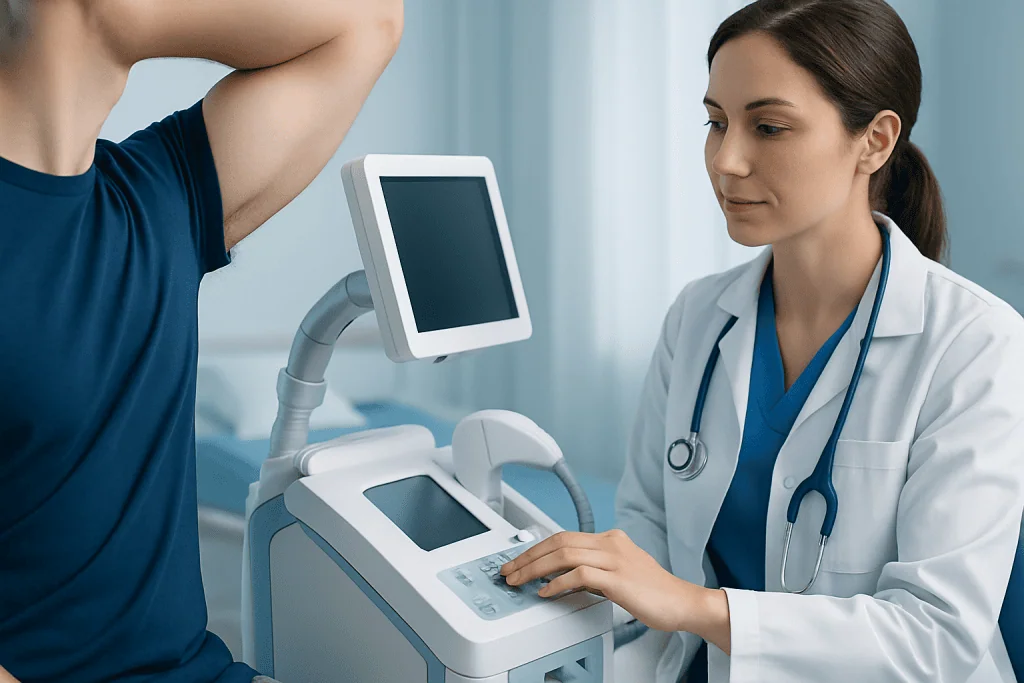 Doctor performing a medical examination on a patient with ultrasound equipment.