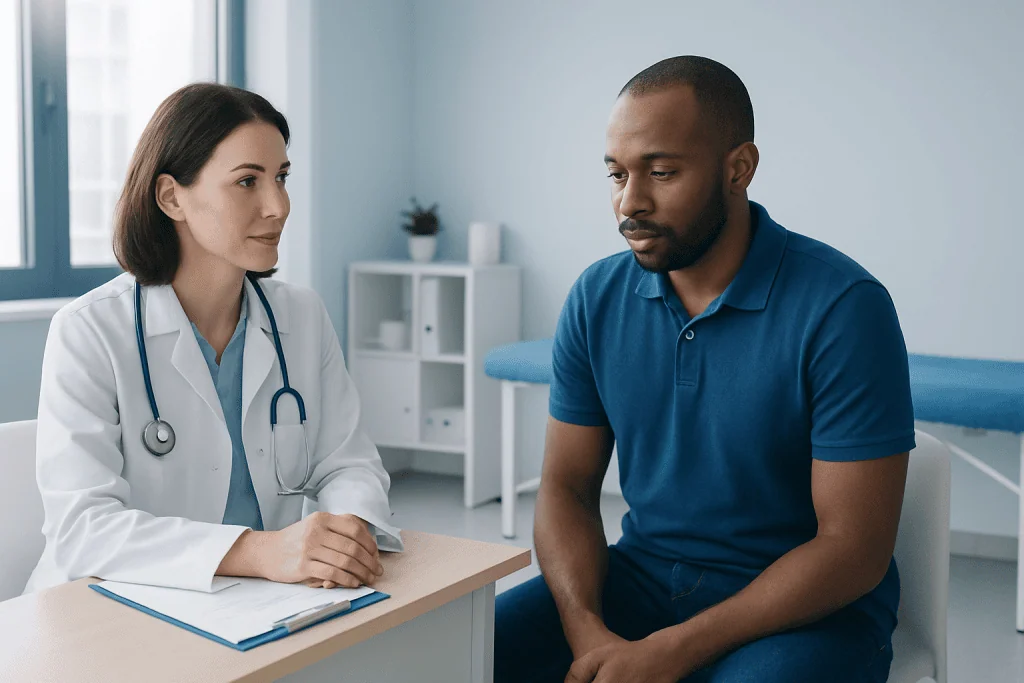 Doctor consulting with male patient in a medical office setting.