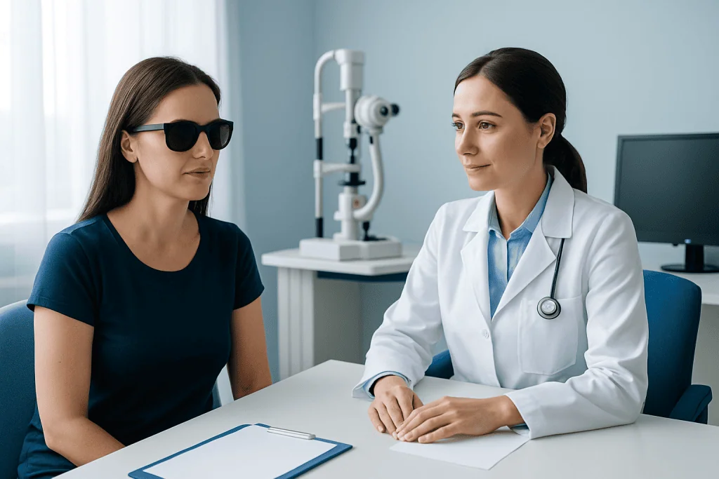 Optometrist explains eye health to patient wearing sunglasses in clinic.