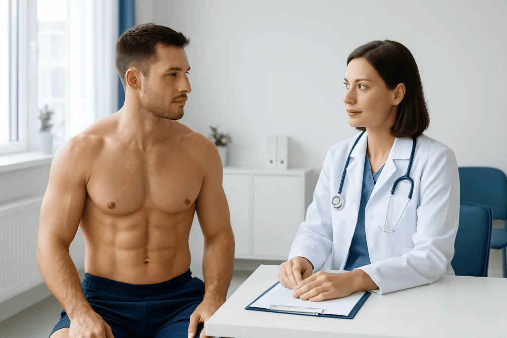 Doctor consulting with a male patient in a medical office setting.