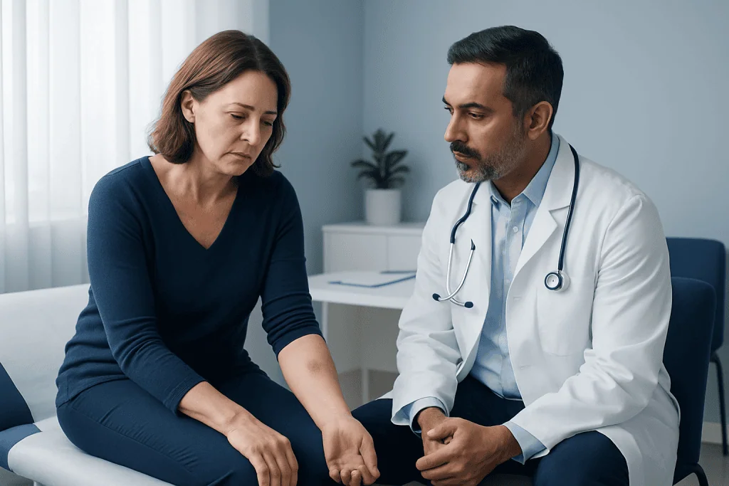Doctor consulting with a patient about vein health in a clinical setting.