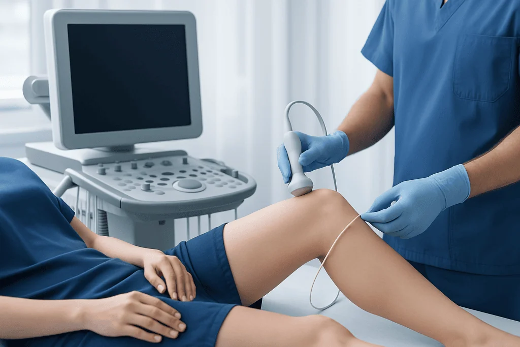 Medical professional performing vein ablation procedure on patient's leg.