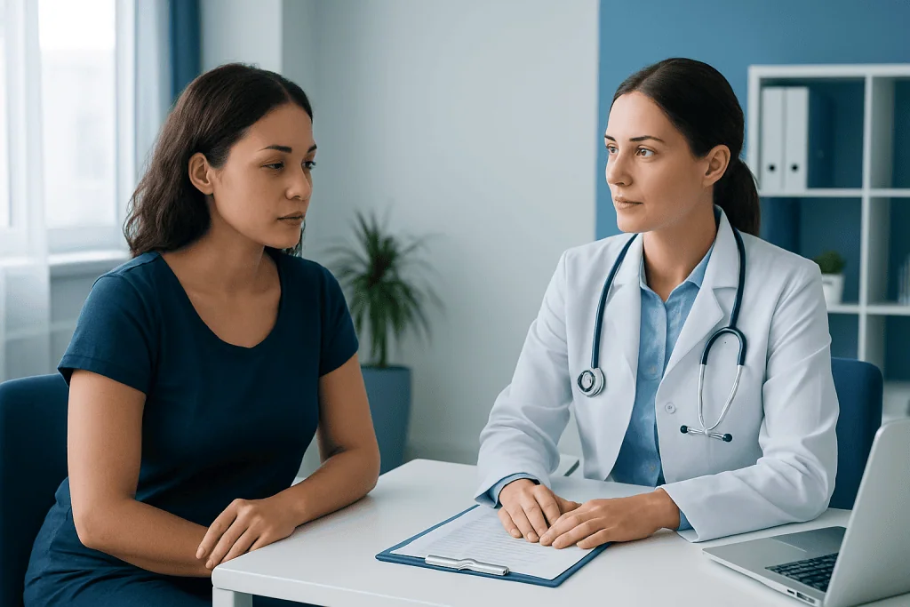Doctor consulting with patient in a medical office setting.