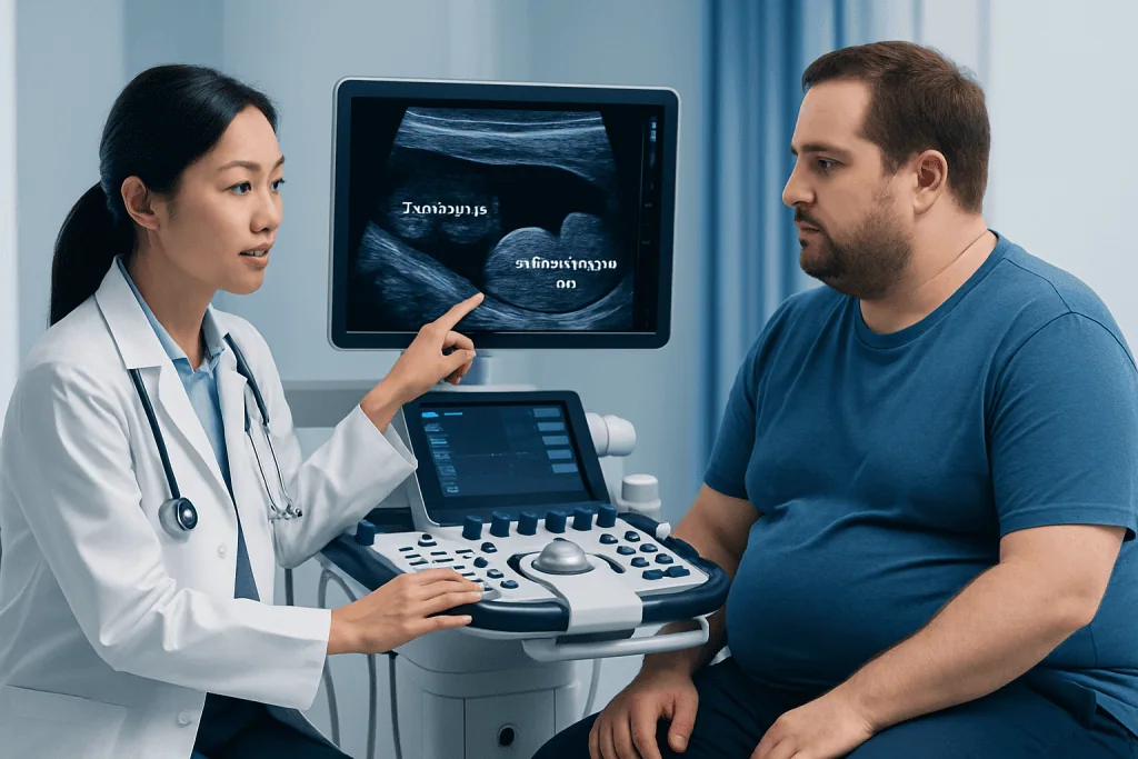 Doctor explaining ultrasound scan to patient in medical consultation room.