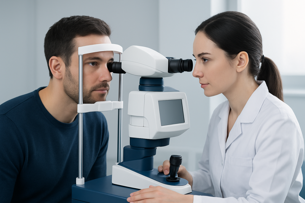 Ophthalmologist examining a patient's eyes with a slit lamp microscope.