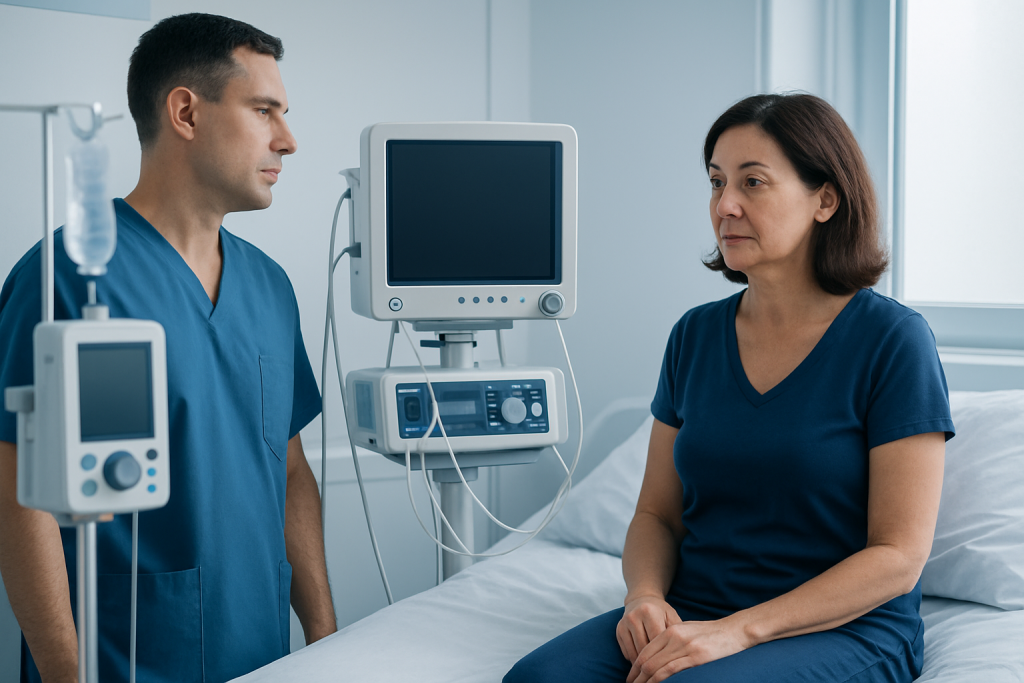 Doctor and patient in hospital room with medical equipment.
