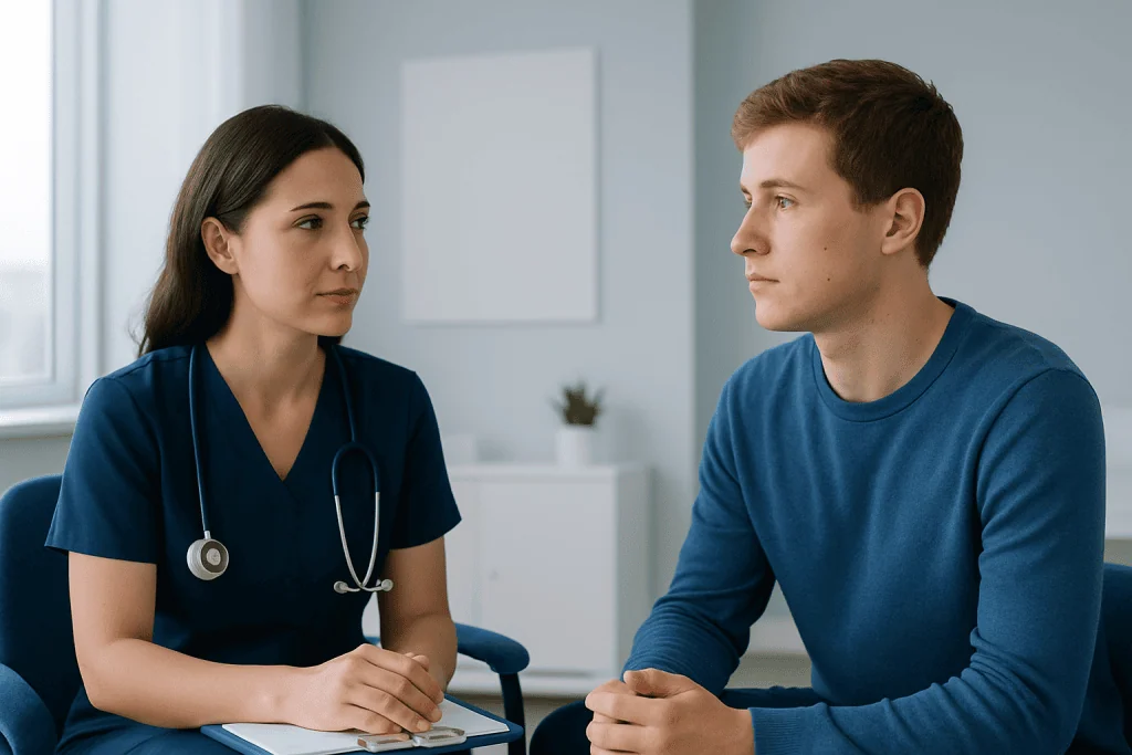 Doctor consulting with a patient in a medical office setting.