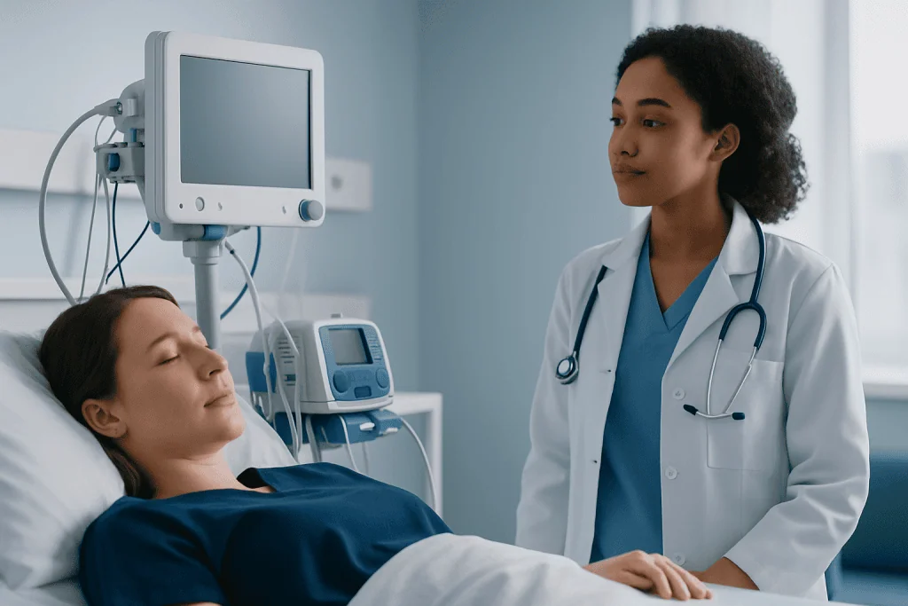 Doctor consulting with patient in hospital room at Acibadem Hospitals Group.