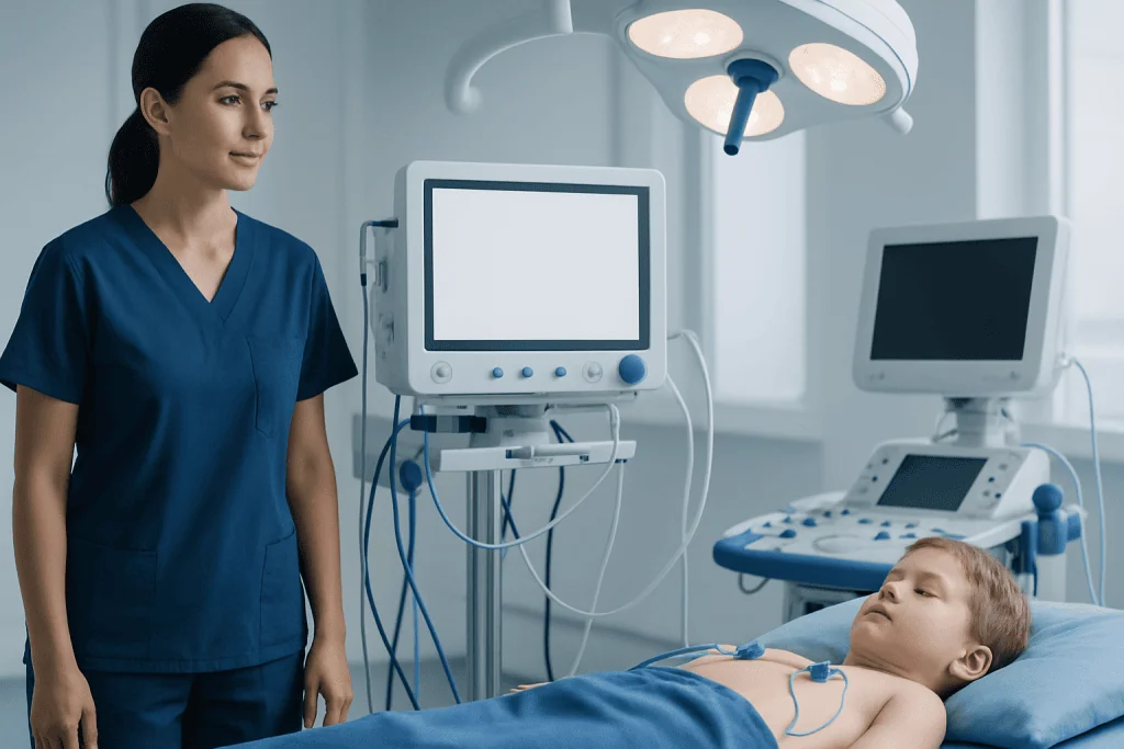 Pediatric cardiology team monitoring a young patient in a hospital room.