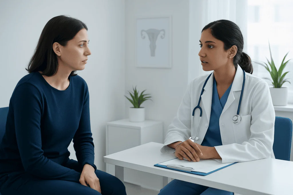 Doctor consulting with patient in a medical office setting.
