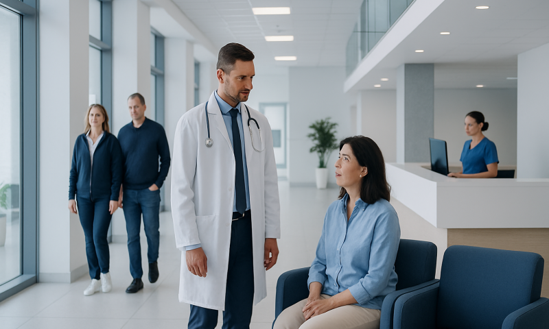 Hospital staff consulting patient in modern medical facility in Turkey.