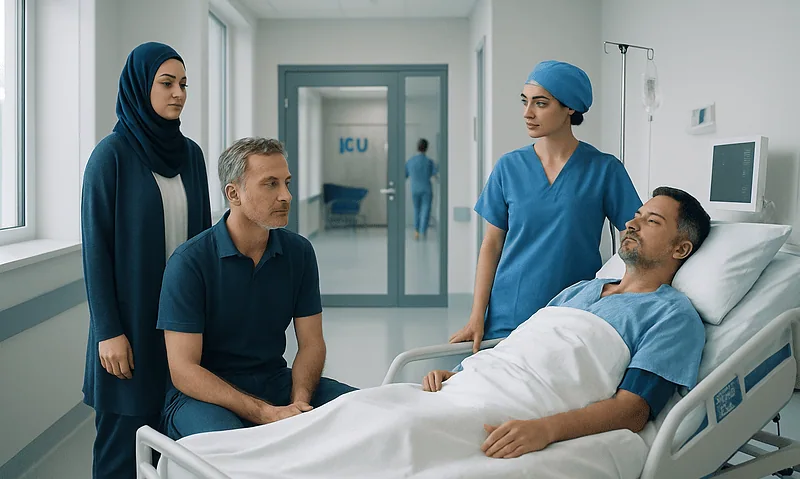 Patient in ICU after surgery with medical staff and family members present.