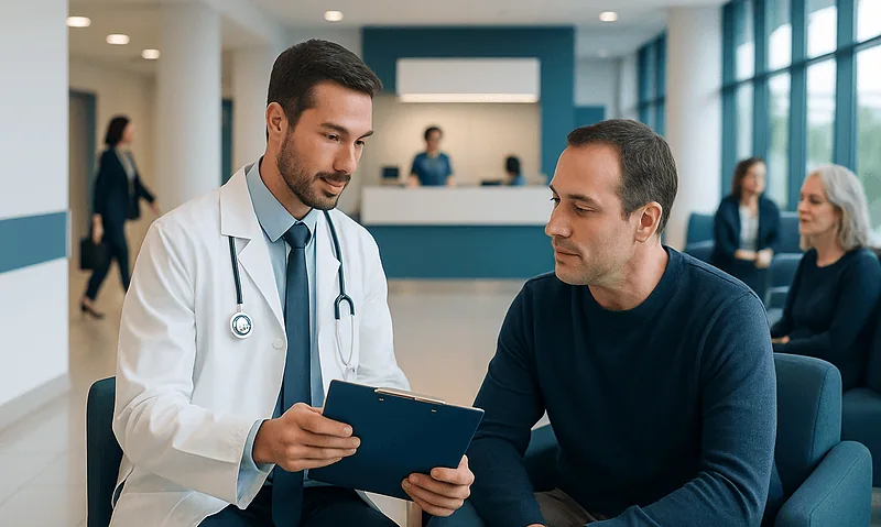 Doctor consulting with patient in hospital lobby.