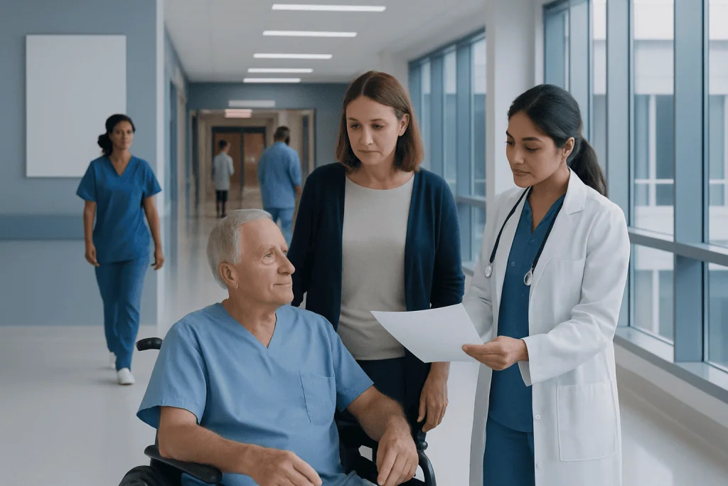 What Your Discharge Summary Should Include Before You Fly Home 1 Hospital staff discussing patient discharge in a modern corridor.