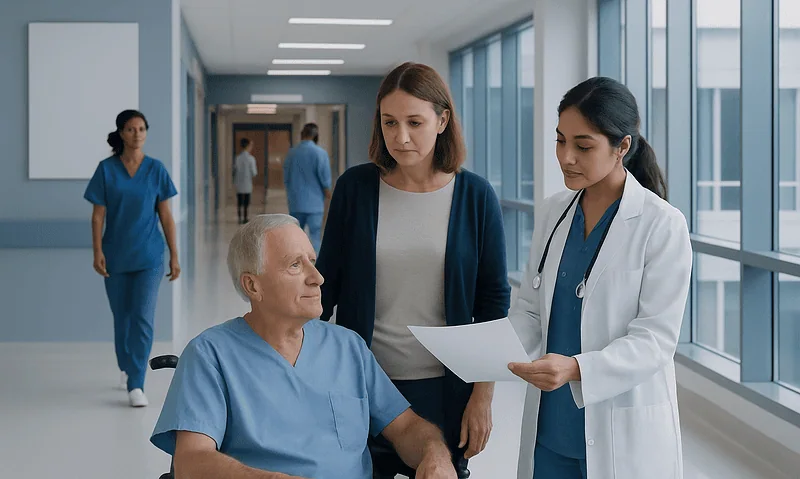 Hospital staff discussing patient discharge in a modern corridor.