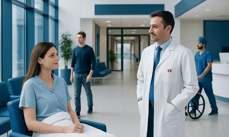 Hospital staff and patient in a modern medical facility in Turkey.