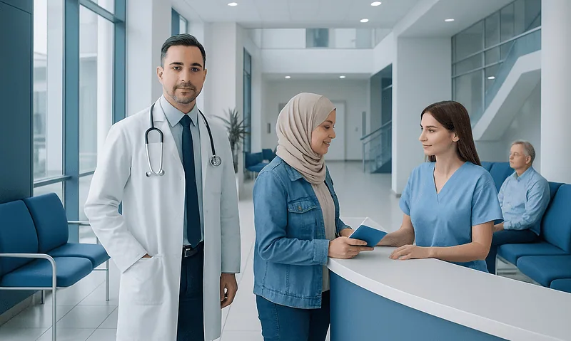 Medical staff assisting a patient at a hospital reception desk in Turkey.