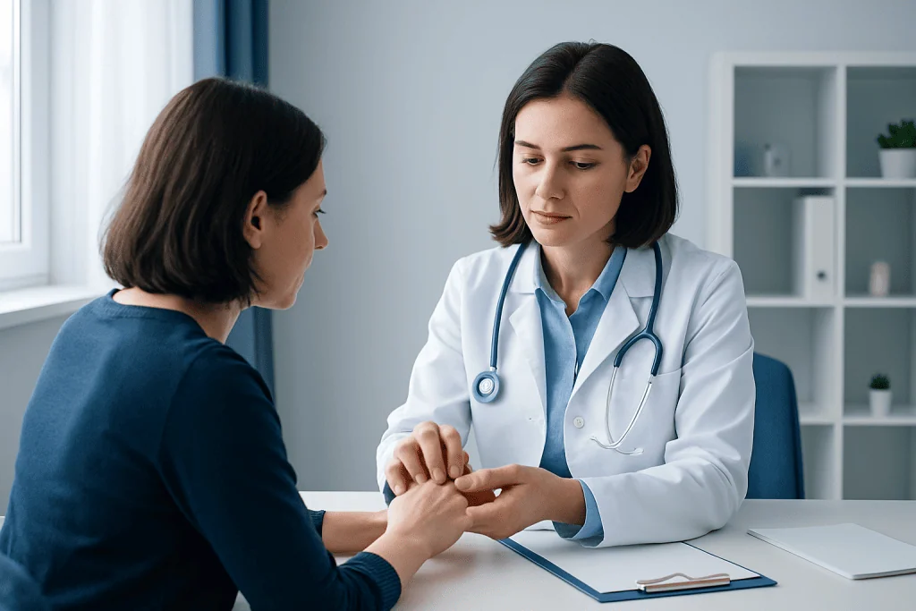 Doctor examining patient's nails for zinc deficiency symptoms.