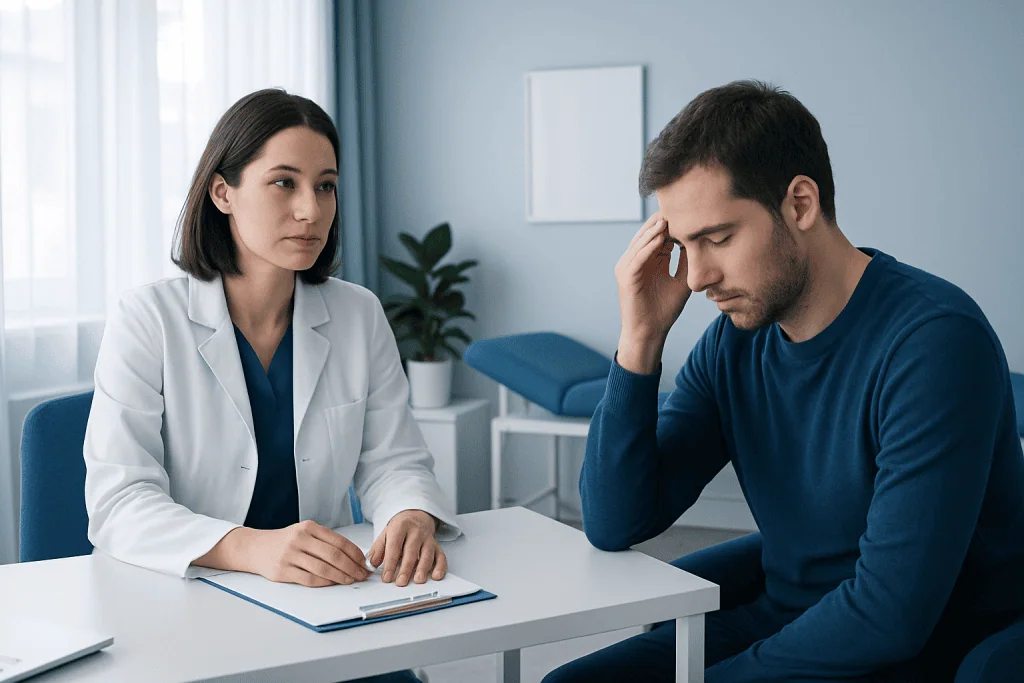Doctor consulting with a patient about health concerns in a medical office.
