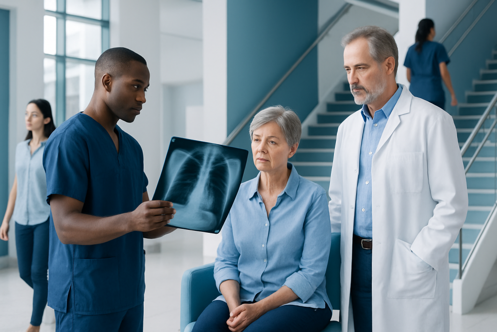 Will a Chest Xray Show Lung Cancer: Preparation, Procedure and Results 1 Doctor explaining lung X-ray to patient in hospital setting.