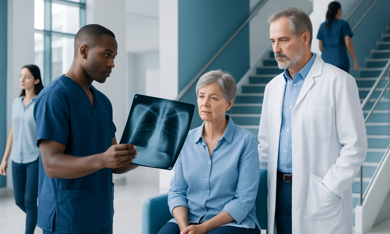 Doctor explaining lung X-ray to patient in hospital setting.