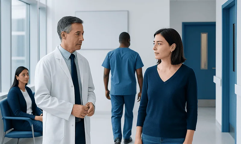 Doctor talking to a female patient in a hospital corridor.