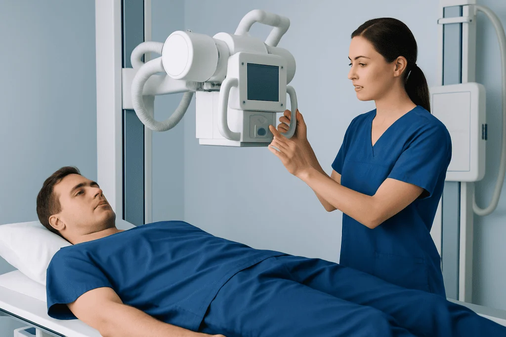 Medical professional operating X-ray machine on patient in hospital.