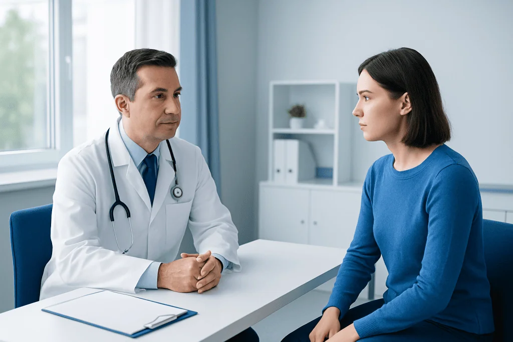 Doctor consulting with a female patient in a modern clinic.