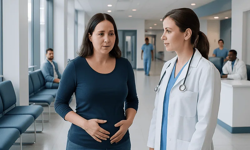 Patient consulting with doctor in hospital corridor.