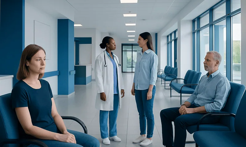 Patients and healthcare professionals in a hospital corridor.