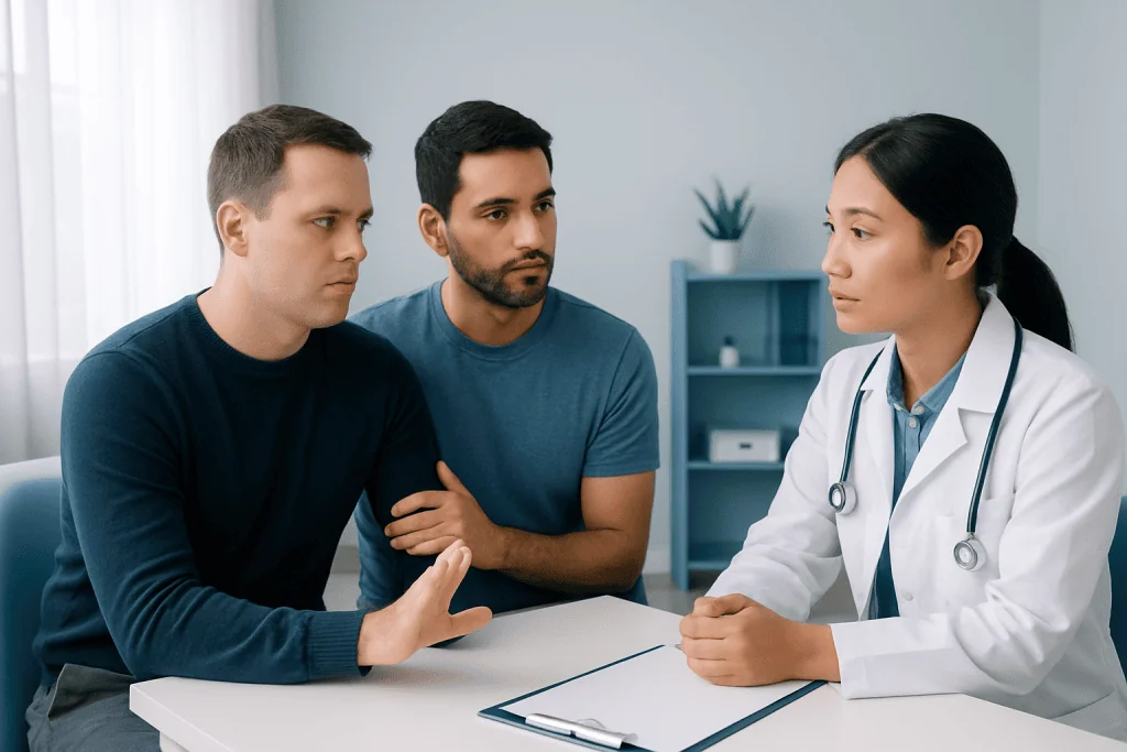 Doctor consulting with two male patients in a medical office.