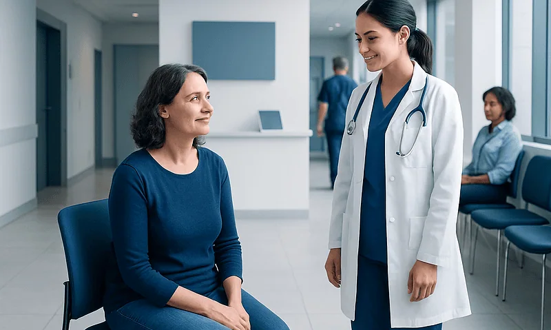 Womens Colonoscopy: Preparation, Procedure and Results 1 Doctor talking to a woman patient in a hospital corridor.