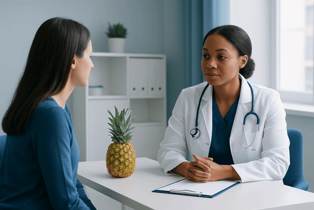 Doctor consulting a patient in a medical office with a pineapple on the table.