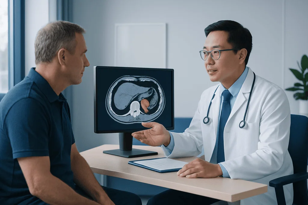 Doctor explains MRI scan results to patient in a medical consultation.