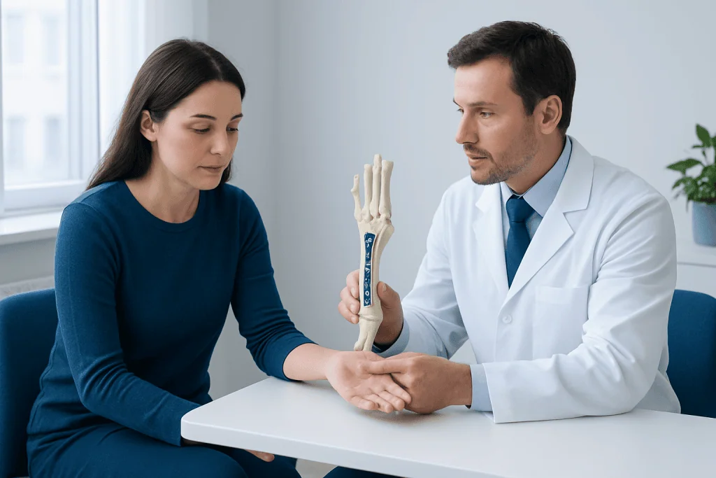 Doctor explaining wrist anatomy to patient with model and X-ray.