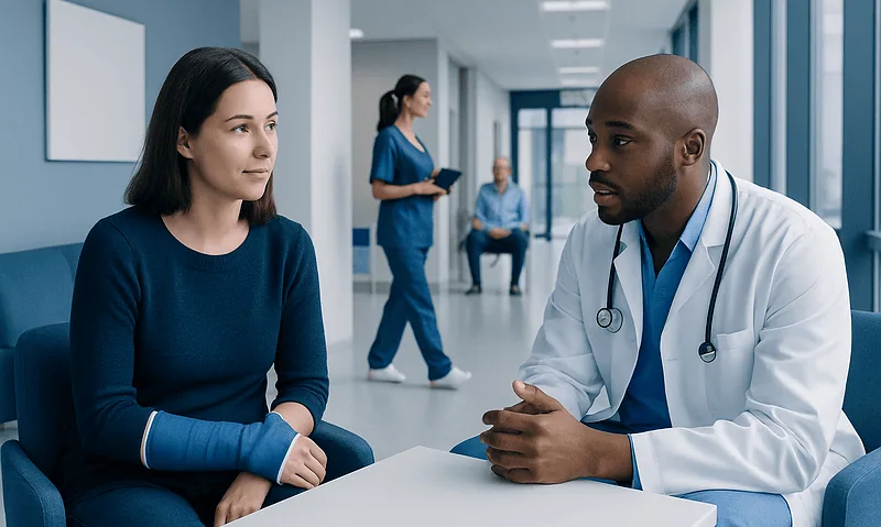 Doctor consulting with a patient in a hospital corridor.