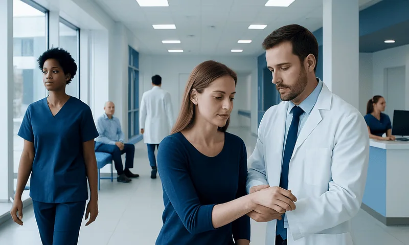 Doctor examining a patient's wrist in a hospital corridor.