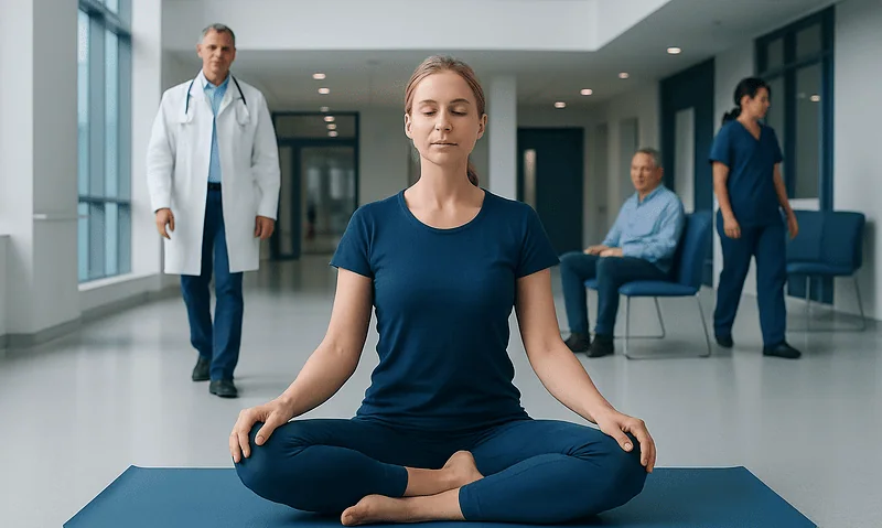 Young woman practicing yoga for sciatica relief in hospital corridor.