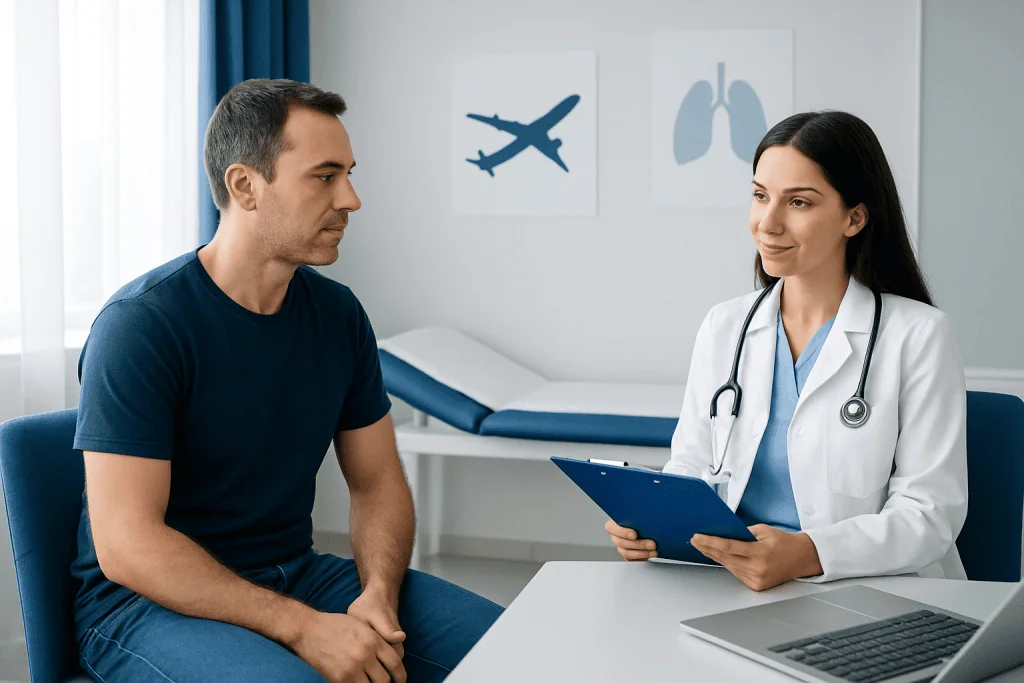 Doctor consulting patient in a hospital room with medical posters.