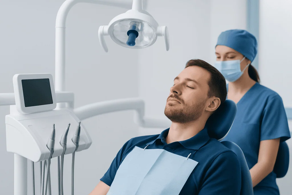 Patient in dental chair with dental team in a modern clinic setting.