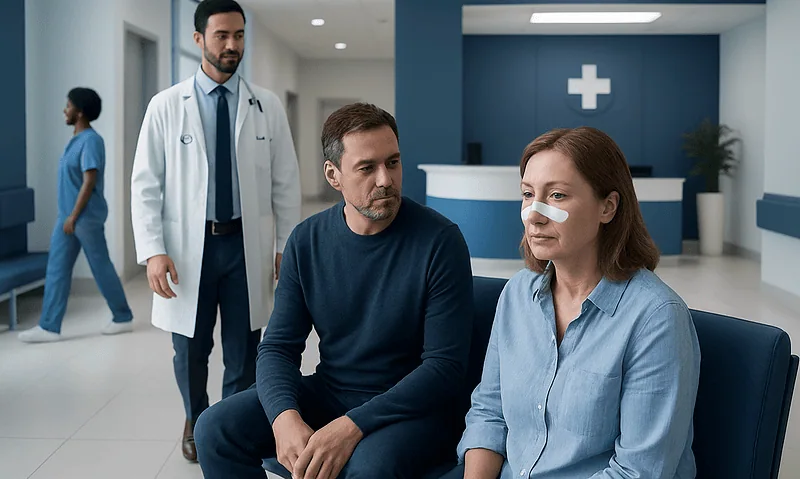 Patient with nasal bandage consulting with doctor in hospital corridor.