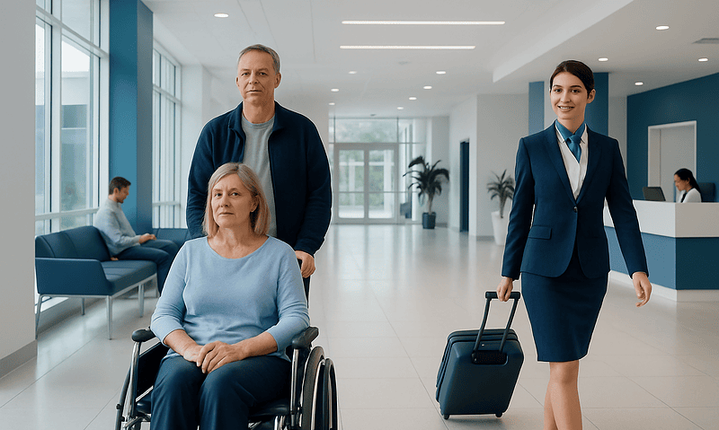 Hospital waiting area with patient and staff at Acibadem Hospitals Group.