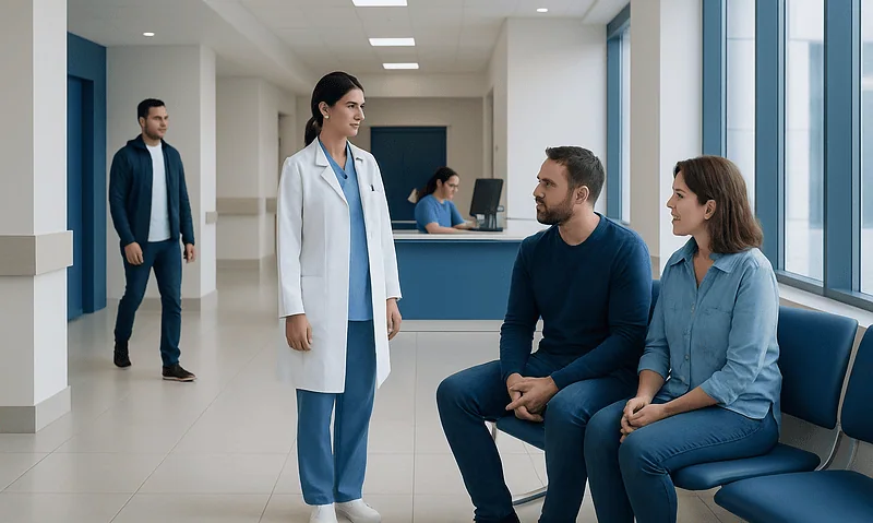 Doctor consulting with patients in a modern hospital waiting area.