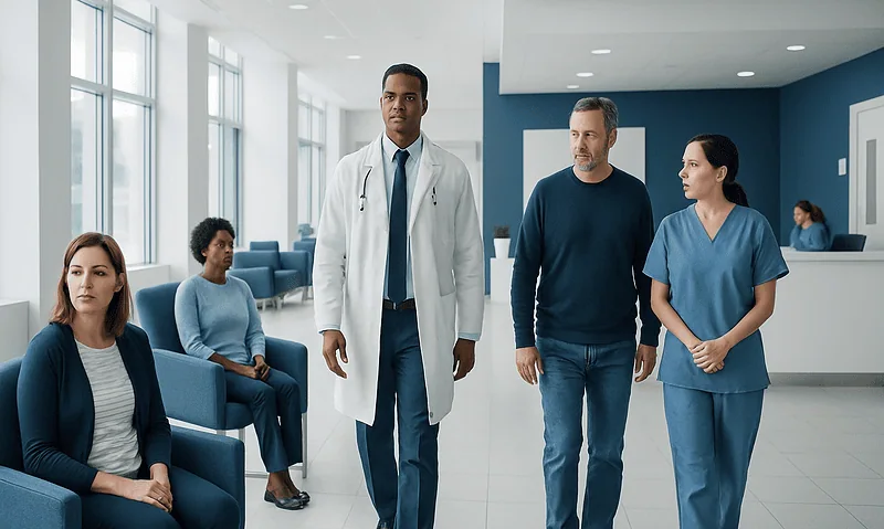 Medical professionals and patients in a hospital waiting area.
