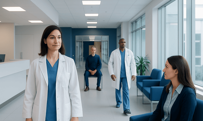 Medical professionals in a hospital corridor with large windows and seating area.