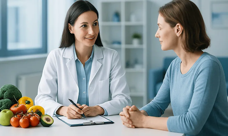 Doctor consulting with patient about health in a modern clinic setting.