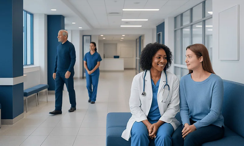 Healthcare professionals and patient in a modern hospital corridor.
